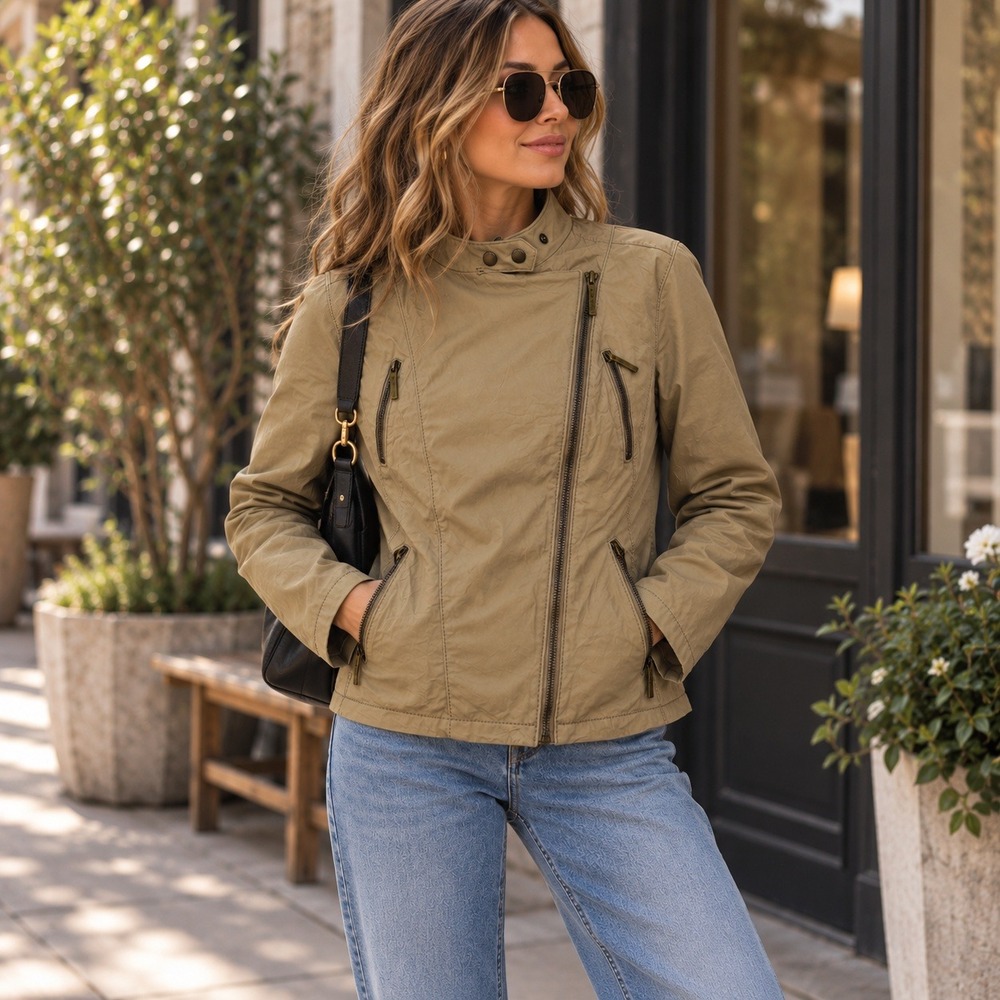 Michael Kors Jacket Womens XL Tan Leather Asymmetrical Zip Moto Biker Streetwear